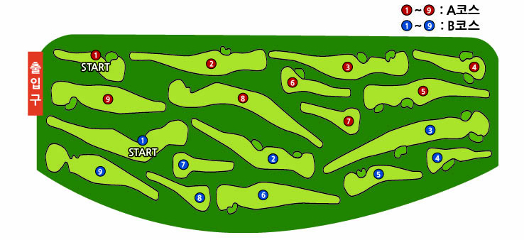 파크골프장 안내도를 출입구, 1~9 : A코스, 1~9 : B코스 위치를 나타낸 이미지