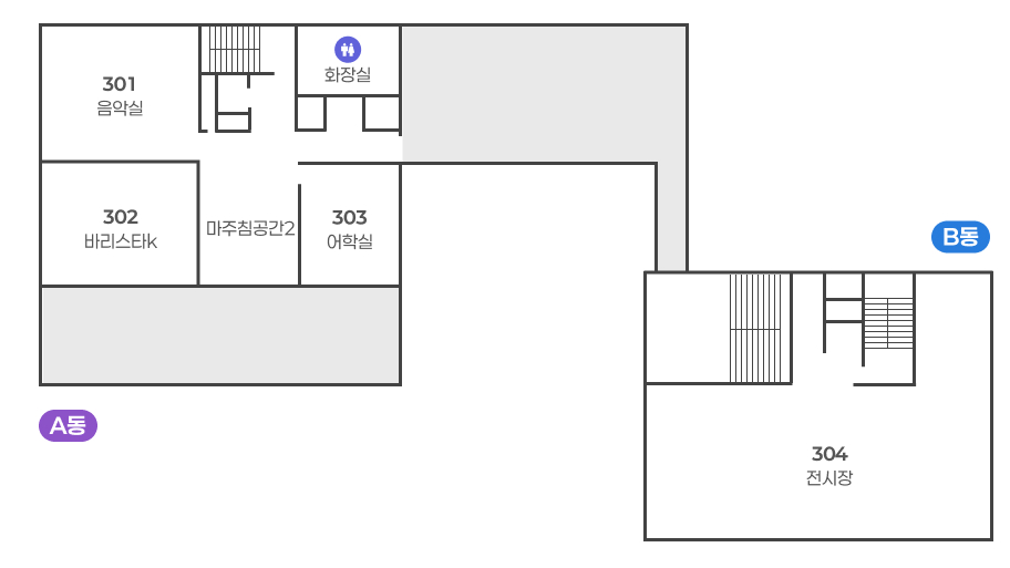3층 시설안내 : 왼쪽 A동 왼쪽 하단부터 시계방향으로 302 바리스타K, 301 음악실, 계단, 화장실, 303 어학실, 마주침공간2 / 오른쪽 B동 왼쪽 하단부터 시계방향으로 계단, 304 전시장