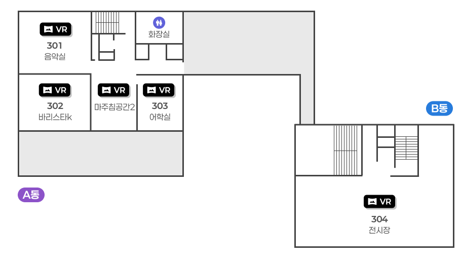 3층 시설안내 : 왼쪽 A동 왼쪽 하단부터 시계방향으로 302 바리스타K, 301 음악실, 계단, 화장실, 303 어학실, 마주침공간2 / 오른쪽 B동 왼쪽 하단부터 시계방향으로 계단, 304 전시장