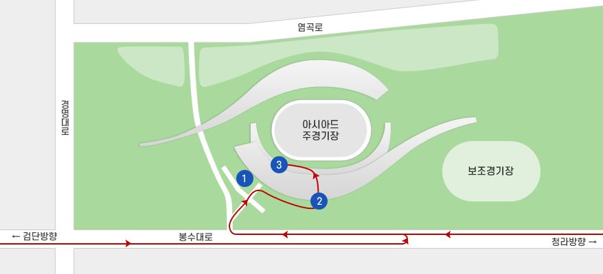 경기장 내 기념관 위치 : 봉수대로 검단방향에서 우회전 후 1번 주차장을 지나 2번 입구로 들어와 3번에 위치해 있습니다. 봉수대로 청라방향으로 찾아 올 경우 유턴한 후 우회전. 그 외 표기사항 : 경명대로, 염곡로, 아시아드주경기장, 보조경기장