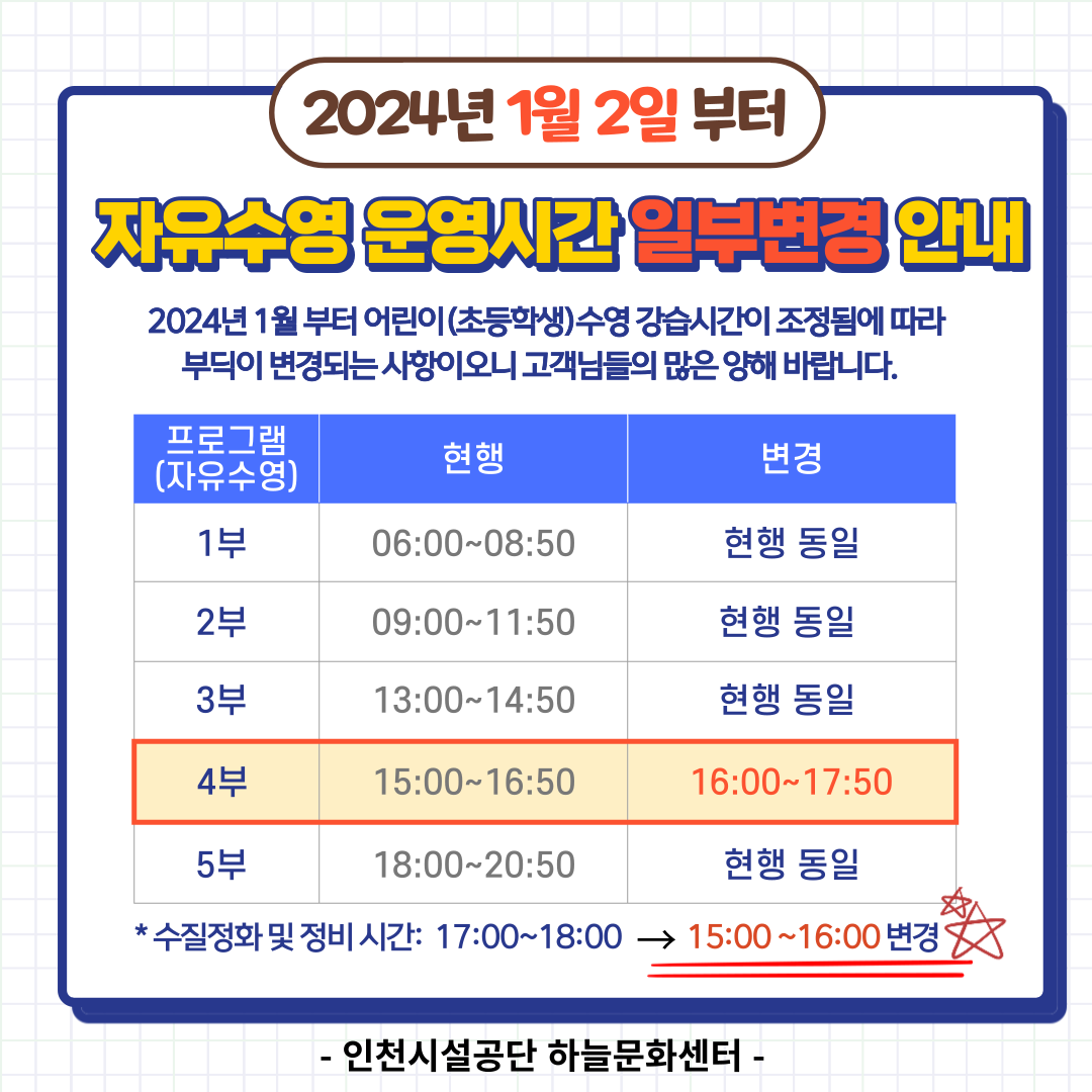 자유수영 운영시간 일부변경안내