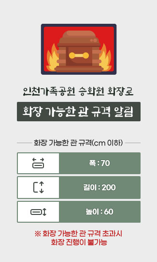 인천가족공원 승화원 화장로 화장 가능한 관 규격 알림
화장 가능한 관 규격(cm 이하)
폭 : 70
길이 : 200
높이 : 60
※ 화장 가능한 관 규격 초과시 화장 진행이 불가능