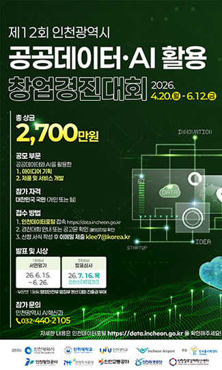 제12회 인천광역시
공공데이터·AI 활용
창업경진대회

4.20.월 - 6.12.금

총 상금
2,700만원

공모 부문
공공데이터와 AI를 활용한

아이디어 기획
제품 및 서비스 개발

참가 자격
대한민국 국민(개인 또는 팀)

접수 방법

인천데이터포털 접속 https://data.incheon.go.kr
공모전안내 및 다운로드 공고문 확인
신청 서식 작성 후 이메일 제출 lice7@korea.kr

발표 및 시상
서면평가
26.6.15. ~ 6.26.

고도화 지원 발표
26.7.16.목
인재개발원

※ 고도화 지원 대상은 추후 공모전 추진 시 별도 선정 예정

참가 문의
인천광역시 AI산업과
032-440-2105

자세한 내용은 인천데이터포털 https://data.incheon.go.kr 을 확인해주세요!