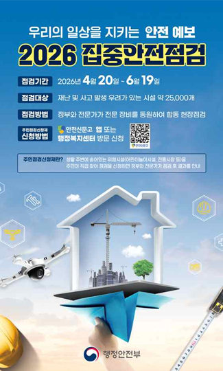 우리의 일상을 지키는 안전 예보
2026 집중안전점검

점검기간
2026년 4월 20일 ~ 6월 19일

점검대상
재난 및 사고 발생 우려가 있는 시설 약 25,000개

점검방법
정부와 전문가가 전문 장비를 동원하여 합동 현장점검

주민점검신청제 신청방법
안전신문고 앱 또는 행정복지센터 방문 신청

주민점검신청제란?
생활 주변에 숨어있는 위험시설(어린이놀이시설, 전통시장 등)을 주민이 직접 찾아 점검을 신청하면 정부와 전문가가 합동 후 결과를 안내

행정안전부