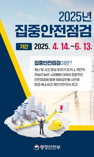 2025년 집중안전점검
기간 : 2025. 4. 14. ~ 6. 13.
집중안전점검이란?
재난 및 사고 발생 우려가 있거나, 국민적
관심이 높은 시설물에 대하여 집중적인
안전점검을 통해 위험요인을 사전에 
발굴·해소하고 국민 안전의식 제고 