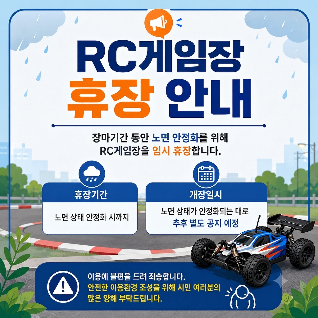 RC게임장 휴장 안내
장마기간 동안 노면 안정화를 위해 RC게임장을 임시 휴장합니다.
