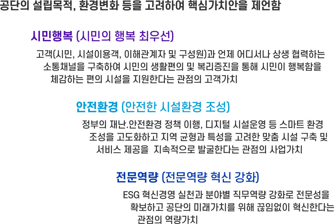 시민행복 (시민의 행복 최우선) : 고객(시민, 시설이용객, 이해관계자 및 구성원)과 언제 어디서나 상생 협력하는 소통채널을 구축하여 시민의 생활편의 및 복리증진을 통해시민이 행복함을 체감하는 편의 시설을 지원한다는 관점의 고객가치. 안전환경 (안전한 시설환경 조성) : 정부의 재난.안전환경 정책 이행, 디지털 시설운영 등 스마트 환경 조성을고도화하고 지역 균형과 특성을 고려한 맞춤 시설 구축 및 서비스 제공을 지속적으로 발굴한다는 관점의 사업가치.  전문역량 (전문역량 혁신 강화) : ESG 혁신경영 실천과 분야별 직무역량 강화로 전문성을 확보하고공단의 미래가치를 위해 끊임없이 혁신한다는 관점의 역량가치 