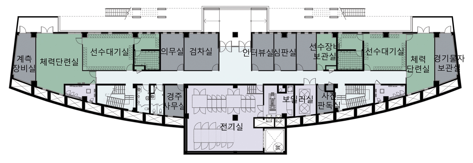 지상1층도면 : 계측장비실, 체력단련실, 선수대기실, 의무실, 검차실, 경주 사무실, 전기실, 인터뷰실, 심판실, 보일러실, 선수장비보관실,사건판독실, 선수대기실, 체력단련실, 경기물자보관실