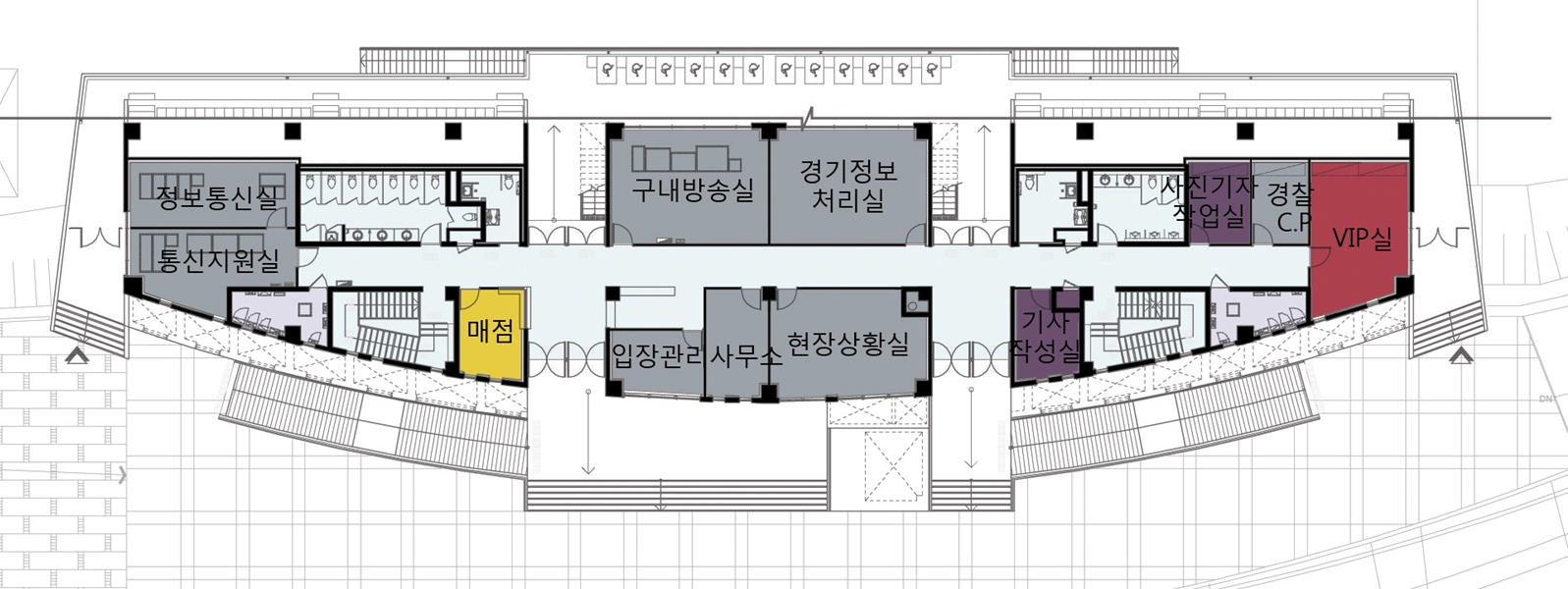 지상2층도면 : 정보통신실, 통신지원실, 매점, 구내방송실, 경기정보처리실, 입장관리사무소, 현장상황실, 기사작성실, 사진기자작업실, 경찰 C.P, VIP실