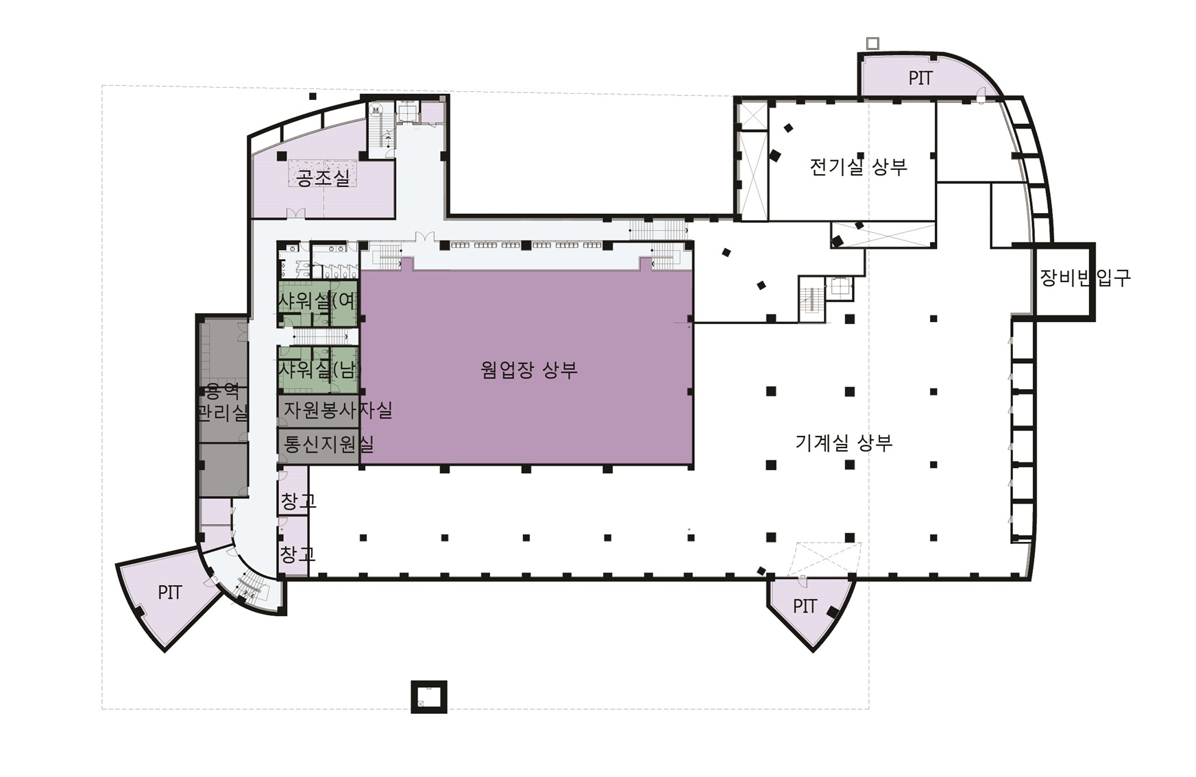 지하1층도면 : 용역관리실, PIT, 공조실, 샤워실(여), 샤워실(남), 자원봉사자실, 통신지원실, 창고, 창고, 웜업장 상부, 전기실 상부, 기계실 상부, PIT, PIT, 장비반 입구