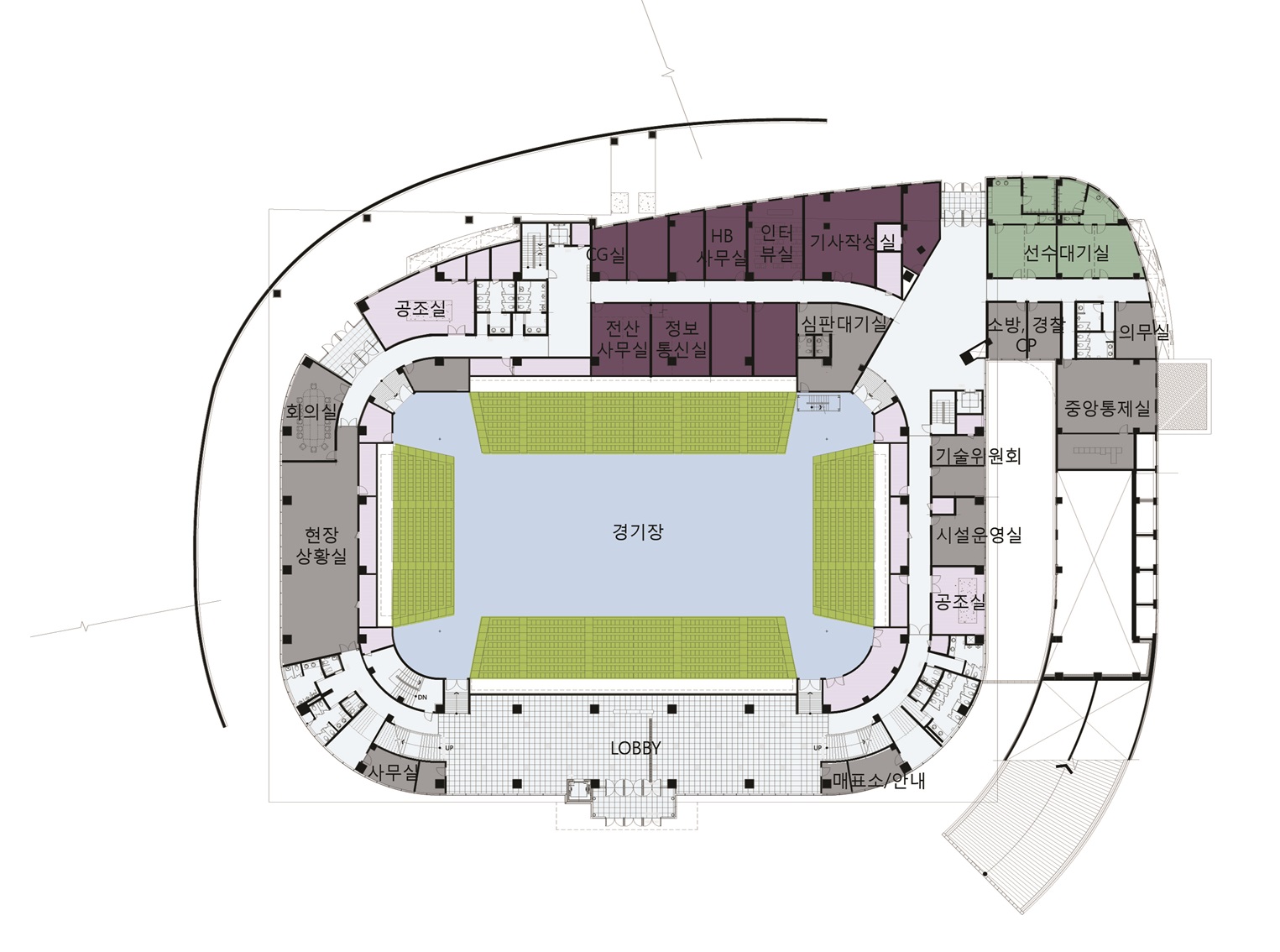 지상1층도면 : 회의실, 현장상황실, 사무실, 공조실, CG실, HB사무실, 인터뷰실, 기사작성실, 전산사무실, 정보통신실, 심판대기실, 경기장, LOBBY, 기술위원회, 시설운영실, 공조실, 매표소/안내, 선수대기실, 소방, 경찰, CP, 의무실, 중앙통제실