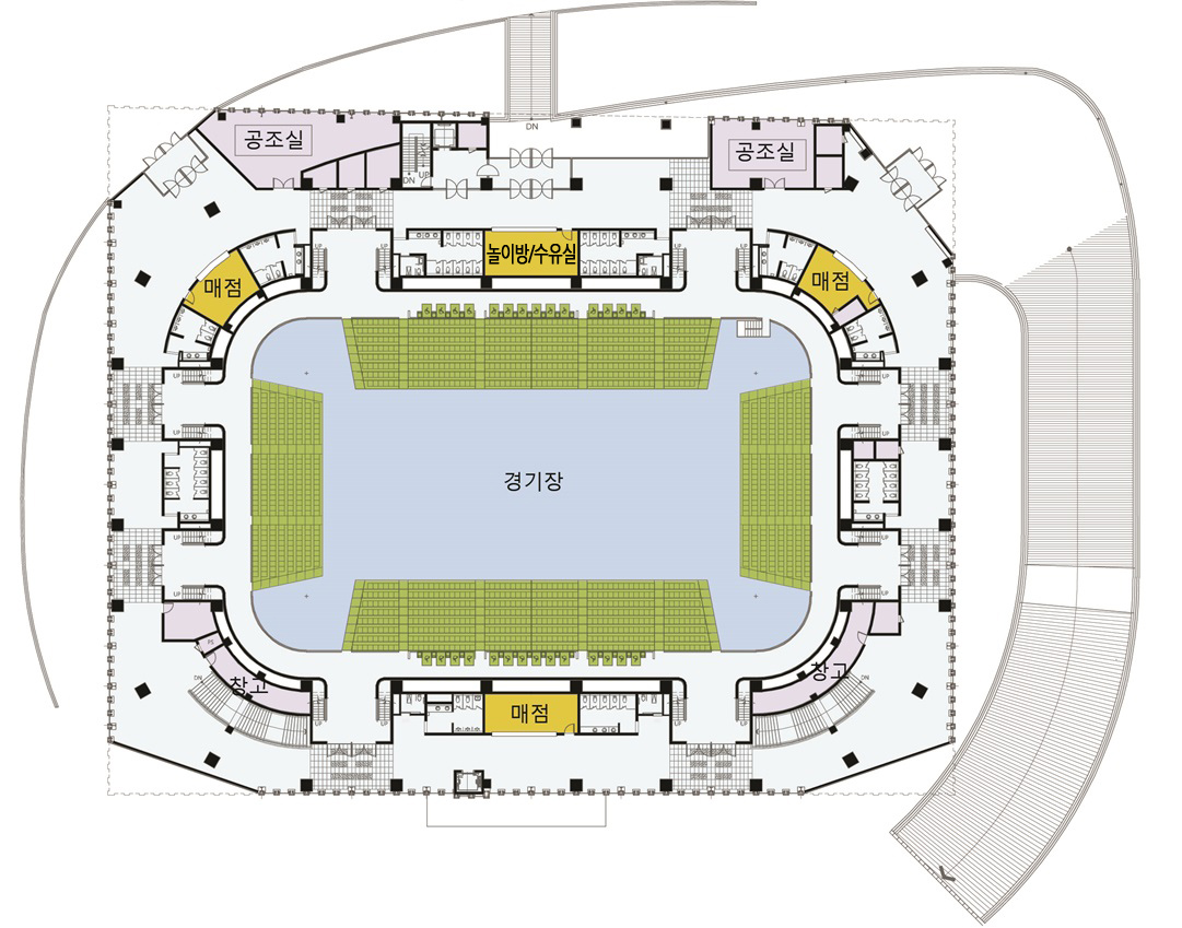 지상2층도면 : 공조실, 매점, 창고, 놀이방/수유실, 경기장, 매점, 공조실, 매점, 창고