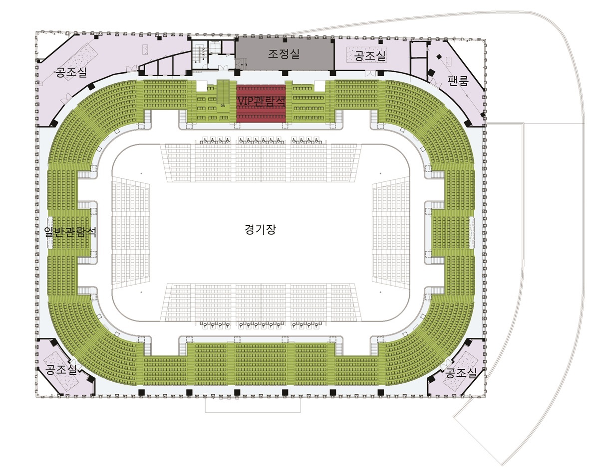 지상3층도면 : 공조실, 조정실, 공조실, 팬룸, 공조실, 공조실, 경기장, 일반관람석, VIP관람석
